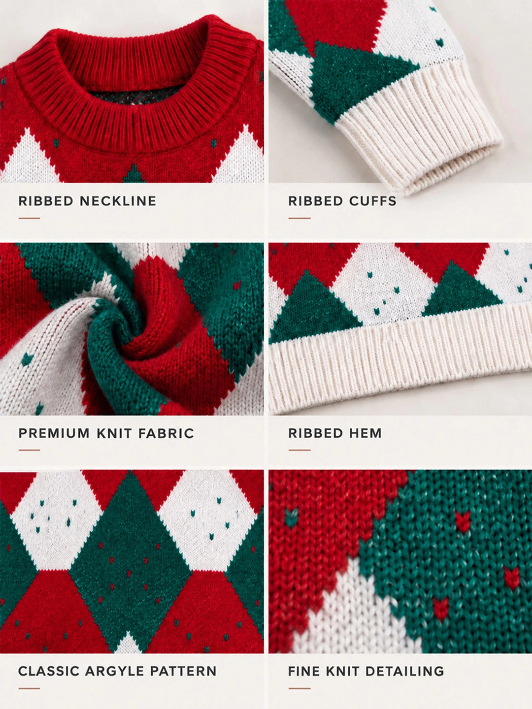 Cream Argyle Pattern Knitted Winter Cardigan, Christmas Sweater for Kids