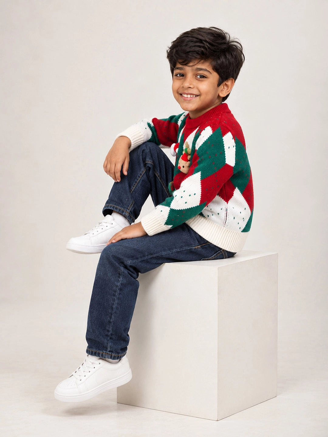 Cream Argyle Pattern Knitted Winter Cardigan, Christmas Sweater for Kids