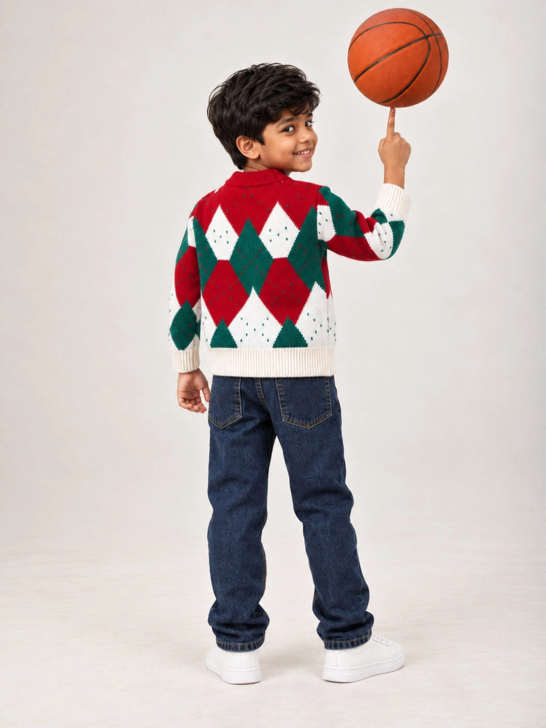Cream Argyle Pattern Knitted Winter Cardigan, Christmas Sweater for Kids