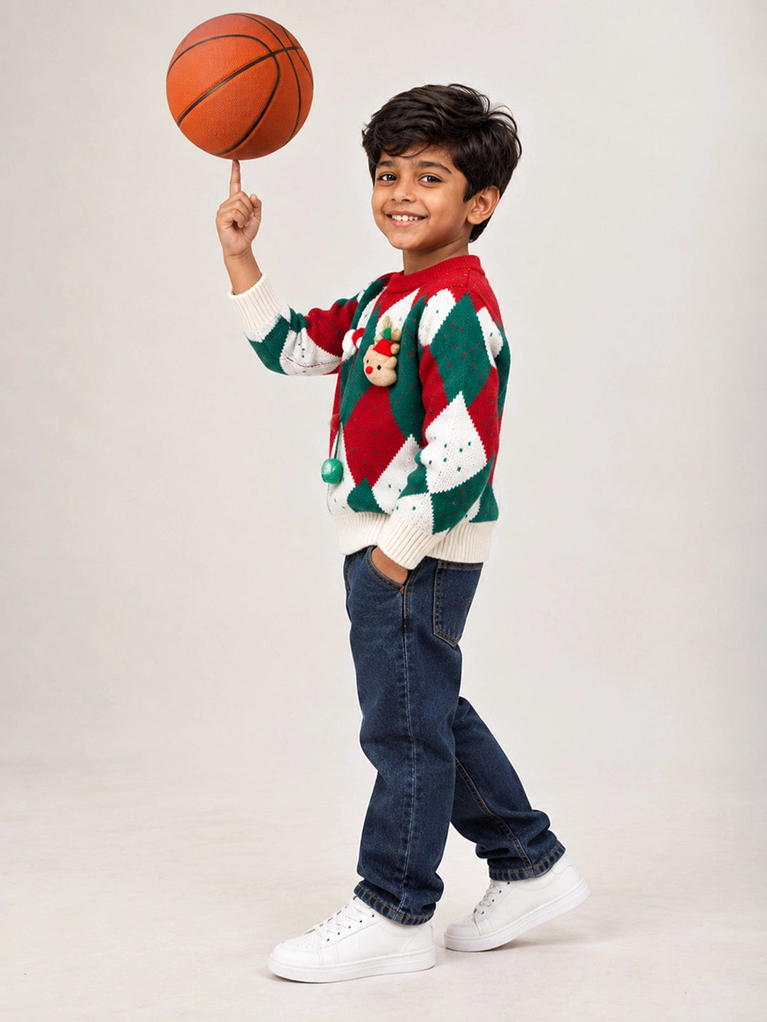 Cream Argyle Pattern Knitted Winter Cardigan, Christmas Sweater for Kids