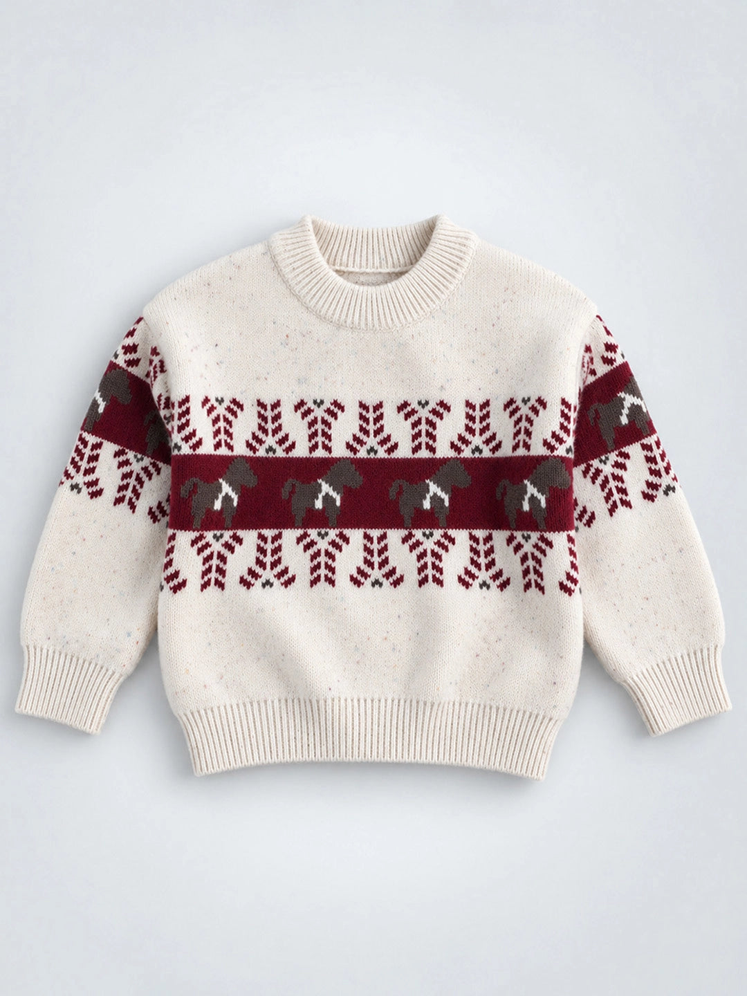 Cream Horse Pattern Knitted Winter Cardigan, Christmas Sweater for Kids