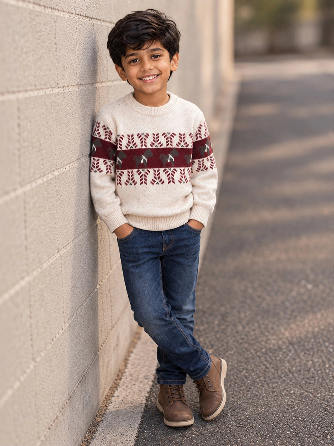 Cream Horse Pattern Knitted Winter Cardigan, Christmas Sweater for Kids