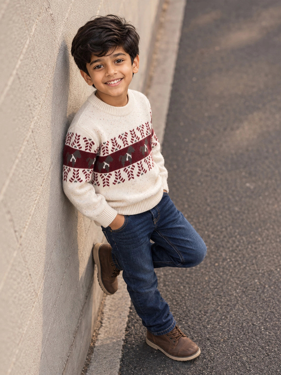 Cream Horse Pattern Knitted Winter Cardigan, Christmas Sweater for Kids