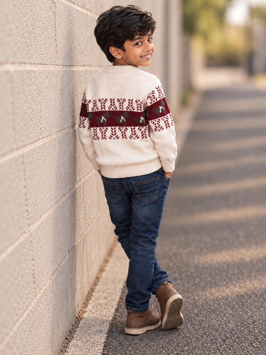 Cream Horse Pattern Knitted Winter Cardigan, Christmas Sweater for Kids