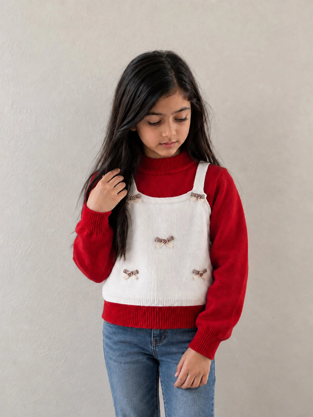 Cream Lil Bows jacket Layered-Look Winter Cardigan, Christmas Sweater for Kids