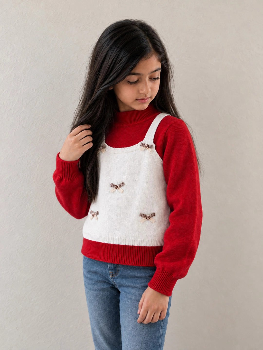 Cream Lil Bows jacket Layered-Look Winter Cardigan, Christmas Sweater for Kids