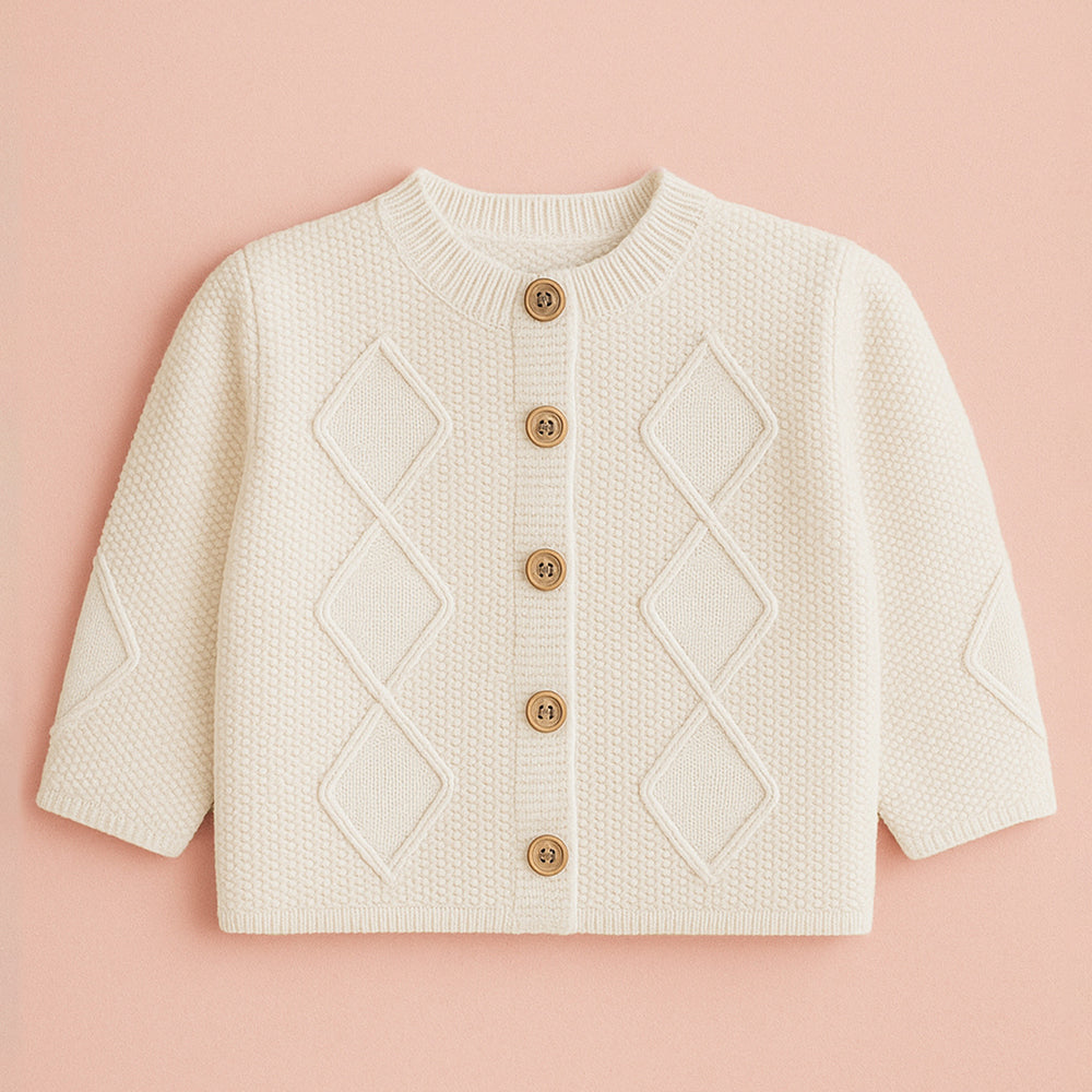 Cream Textured Pattern Knitted Winter Cardigan, Christmas Sweater for Kids
