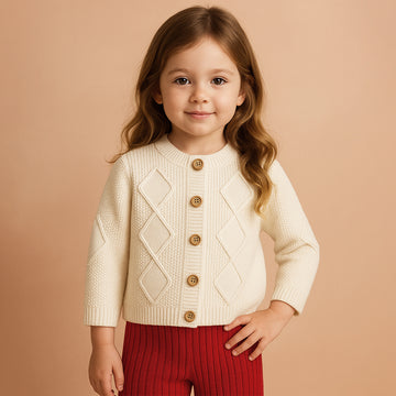 Cream Textured Pattern Knitted Winter Cardigan, Christmas Sweater for Kids