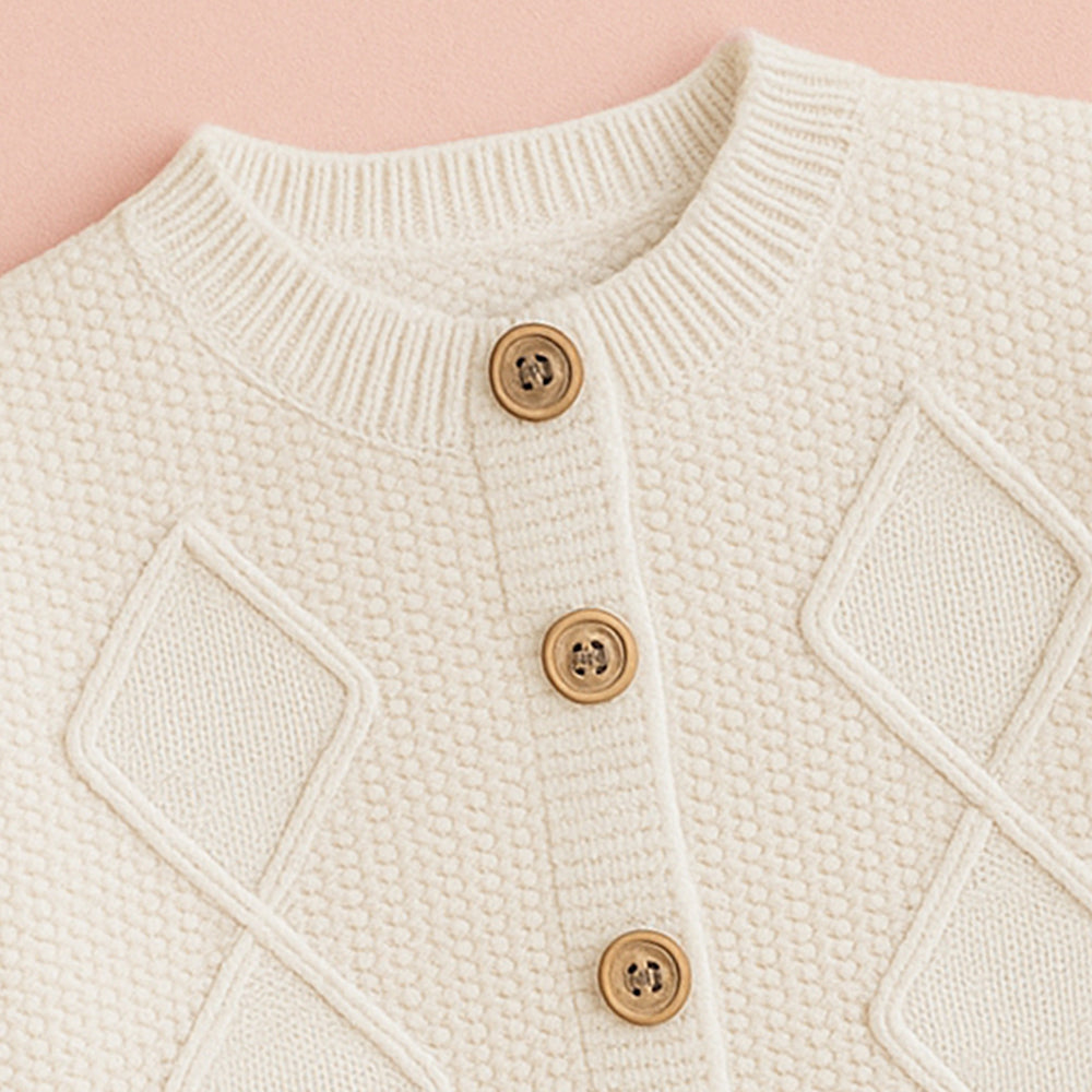 Cream Textured Pattern Knitted Winter Cardigan, Christmas Sweater for Kids