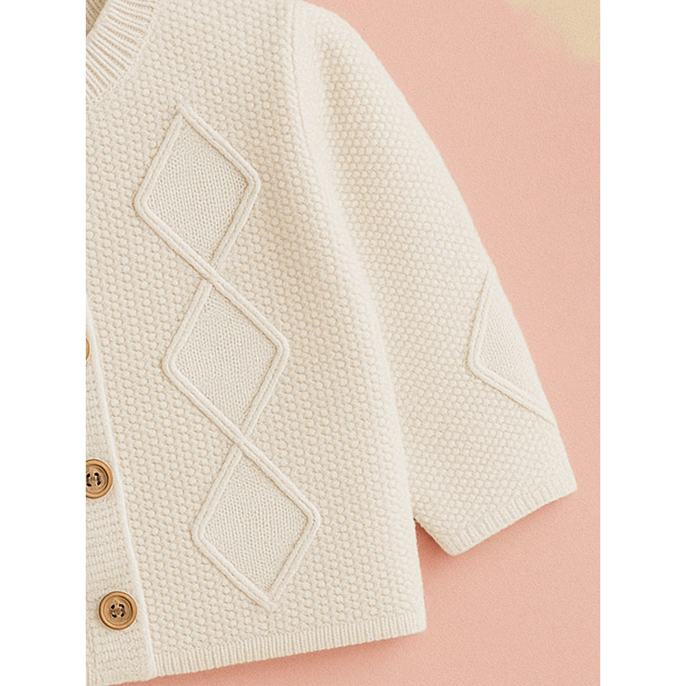 Cream Textured Pattern Knitted Winter Cardigan, Christmas Sweater for Kids