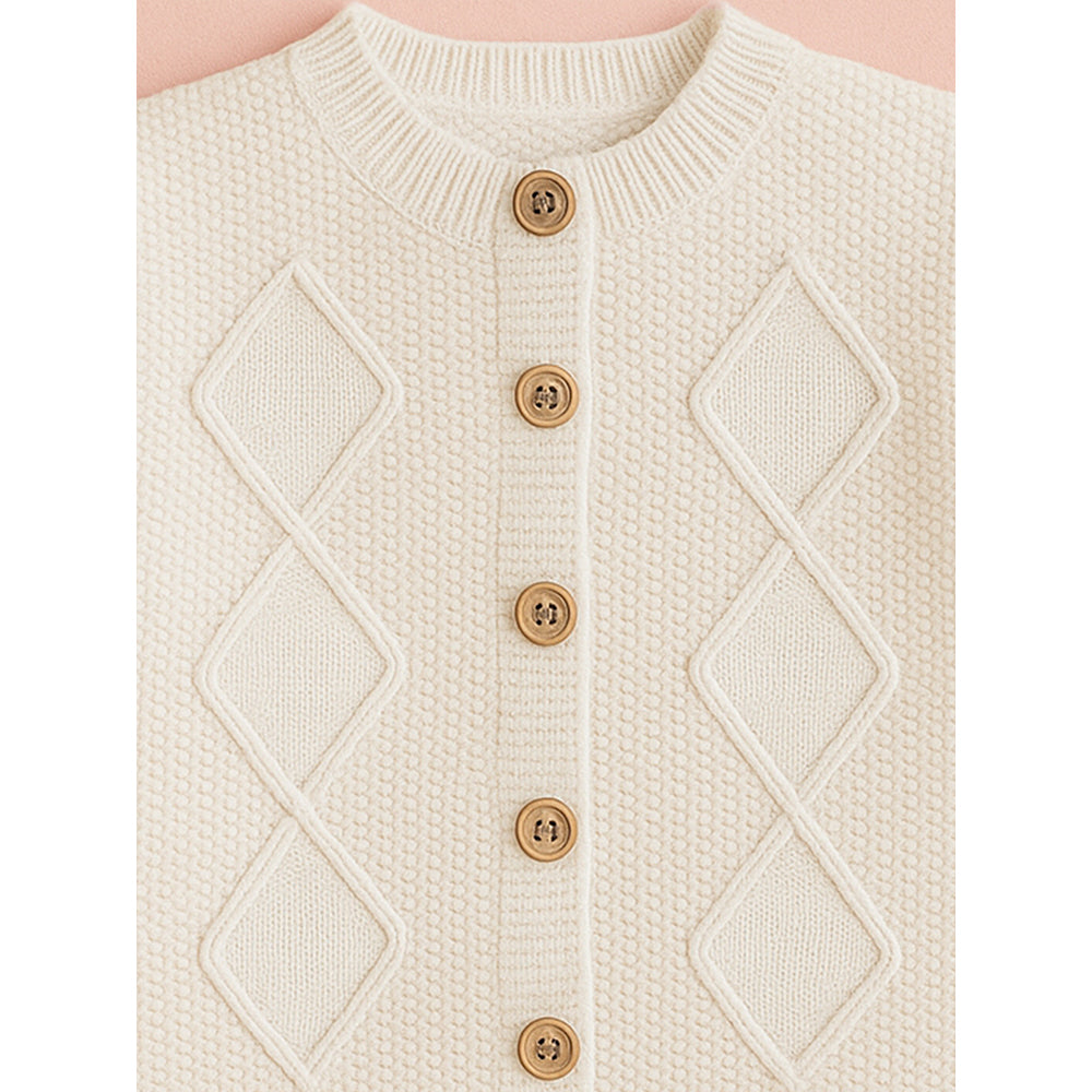 Cream Textured Pattern Knitted Winter Cardigan, Christmas Sweater for Kids