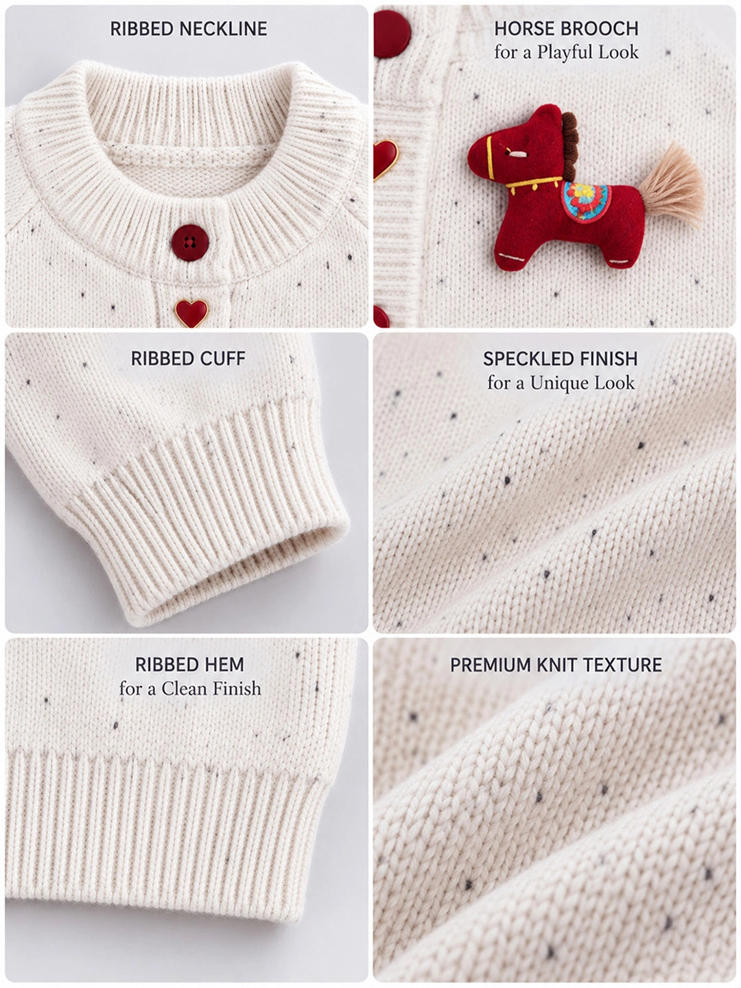 Cream Little Pony Horse Winter Cardigan, Christmas Sweater with Horse Brooch for Kids