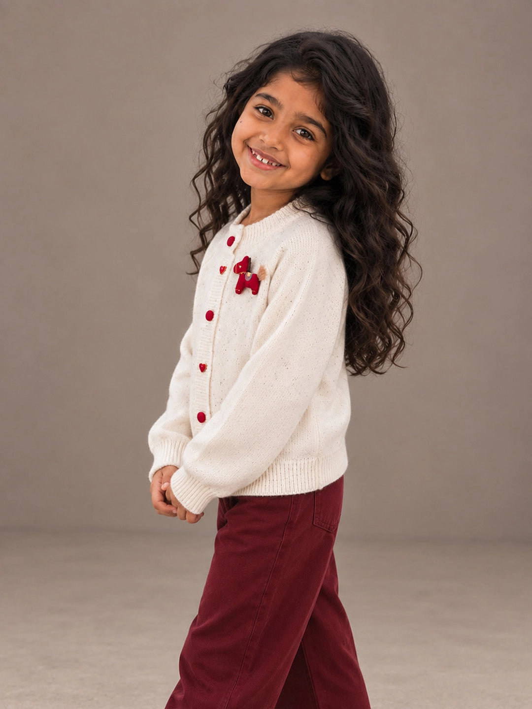 Cream Little Pony Horse Winter Cardigan, Christmas Sweater with Horse Brooch for Kids