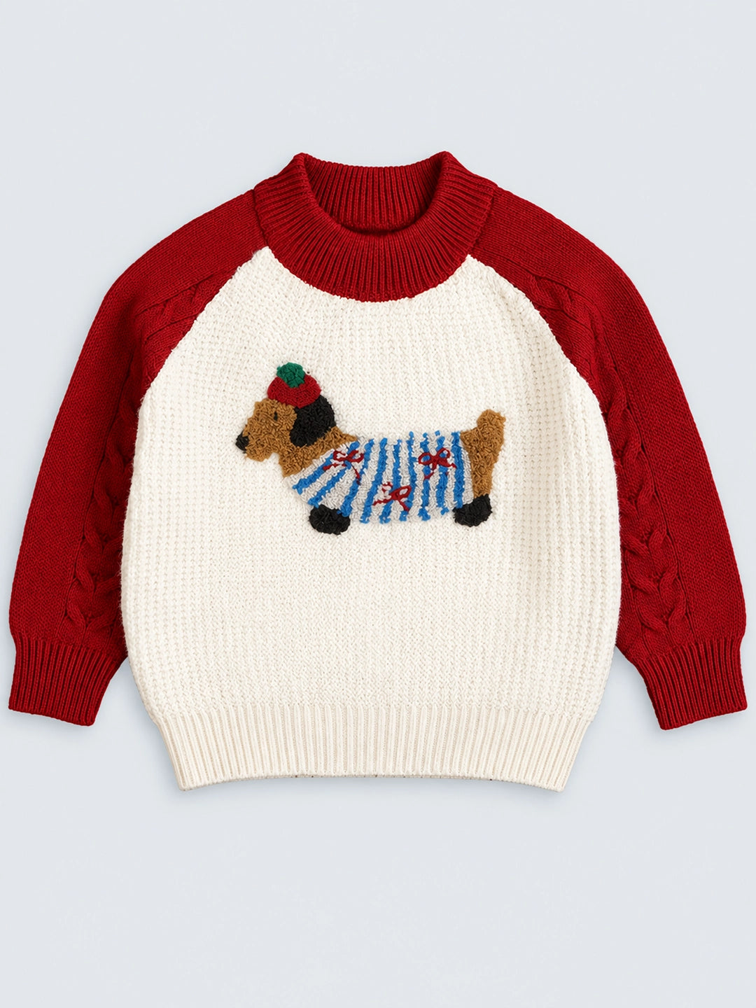 Cream & Red Dachshund Knitted Winter Cardigan, Christmas Sweater for Kids