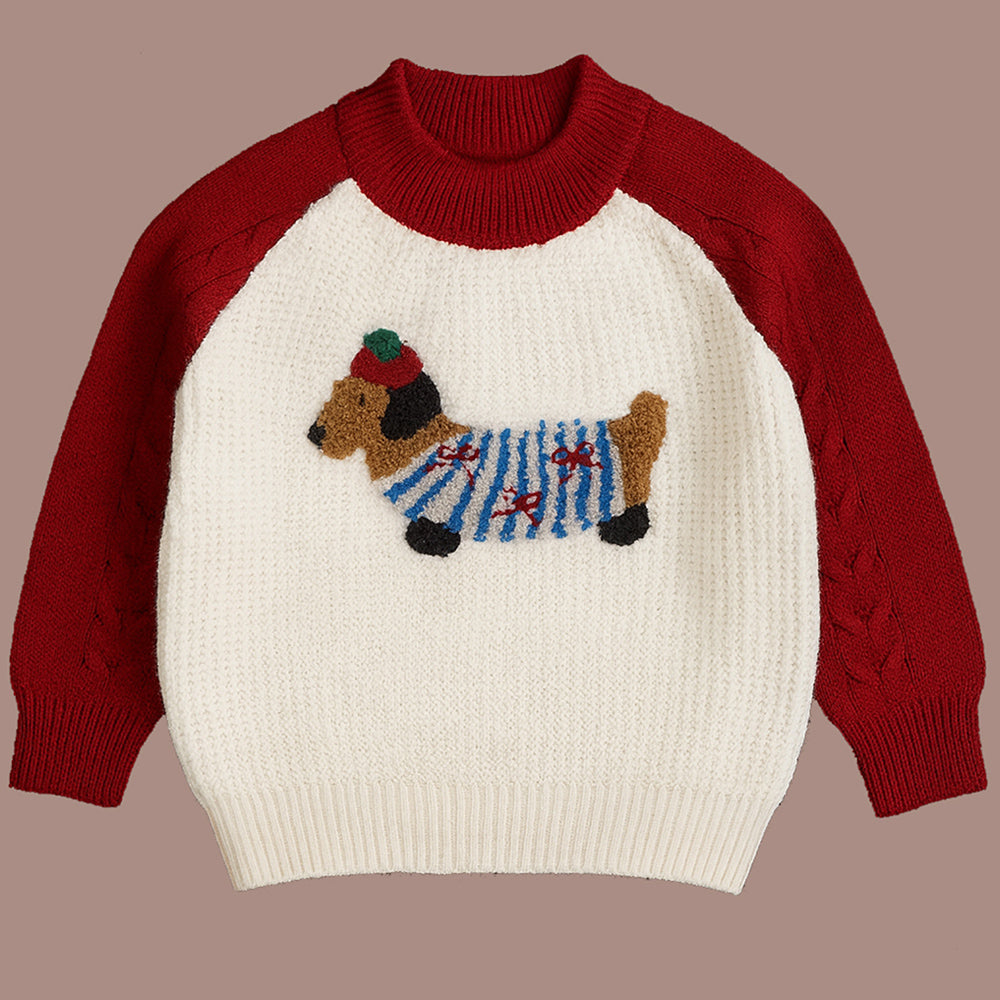 Cream & Red Dachshund Knitted Winter Cardigan, Christmas Sweater for Kids