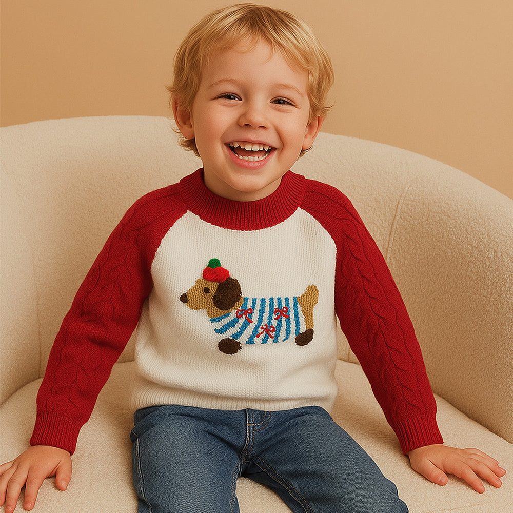 Cream & Red Dachshund Knitted Winter Cardigan, Christmas Sweater for Kids
