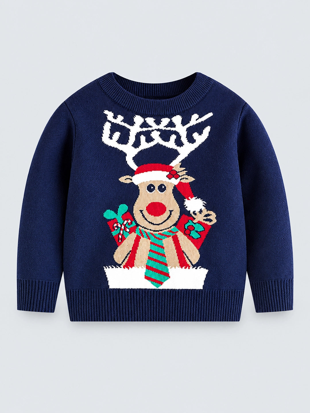 Green Tie Reindeer Knitted Christmas cardigan Sweater for Kids, Navy