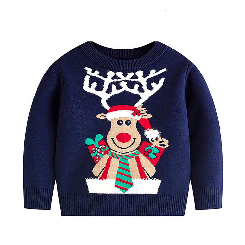 Green Tie Reindeer Knitted Christmas cardigan Sweater for Kids, Navy