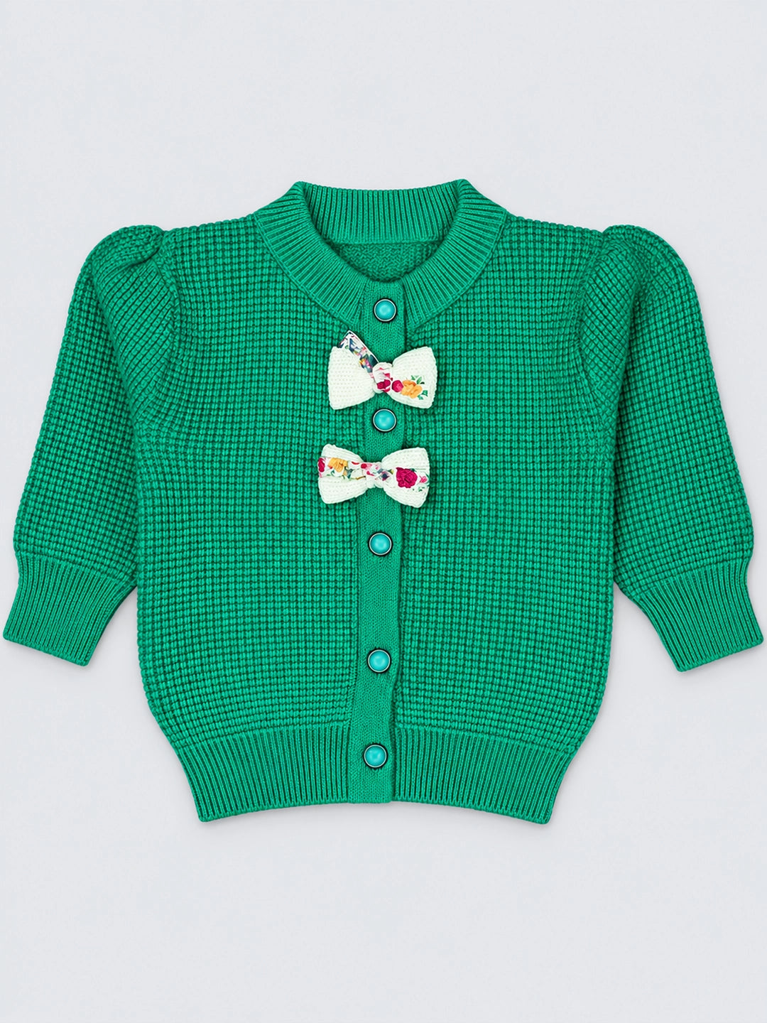Green Knited Dual Bow kids Cardigan, Sweater for Winter & Christmas
