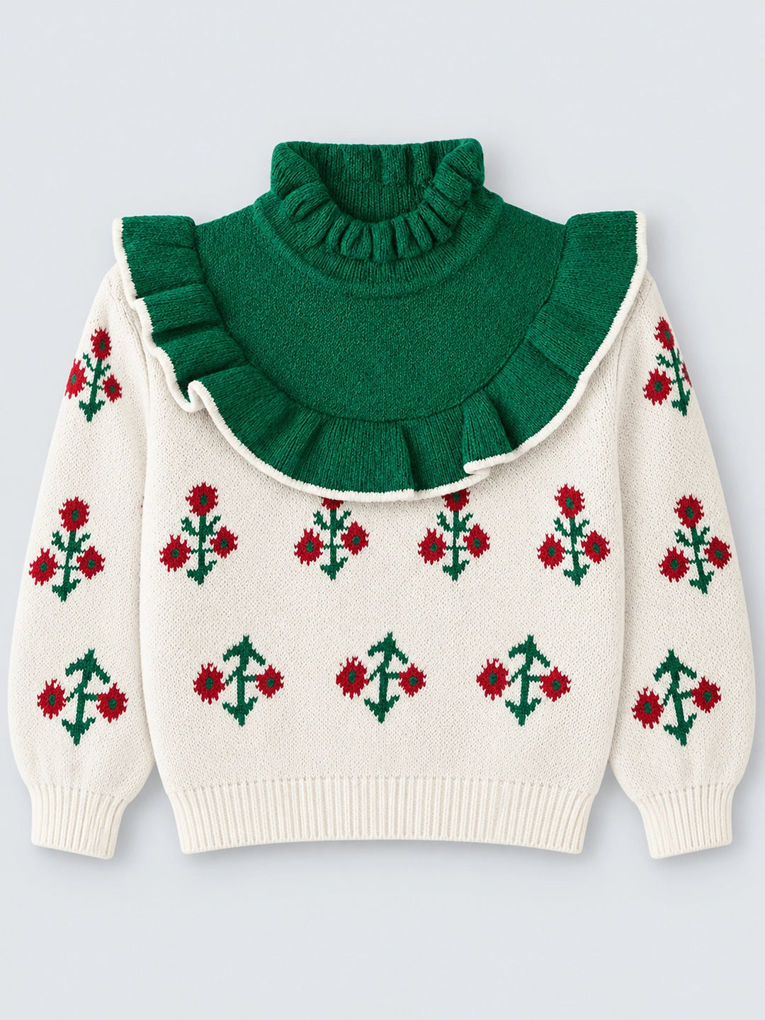 Green Ruffle Neck, Floral Christmas Cardigan Winter Sweater for Kids