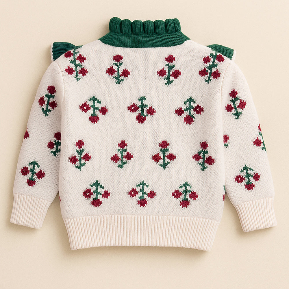 Green Ruffle Neck, Floral Christmas Cardigan Winter Sweater for Kids