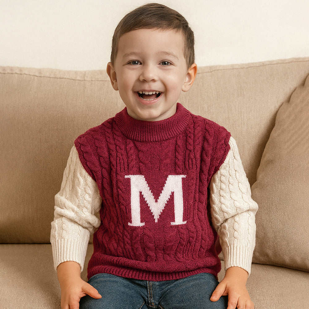 Maroon Letter “M” Cable-Knit Christmas Cardigan Winter Sweater for Kids