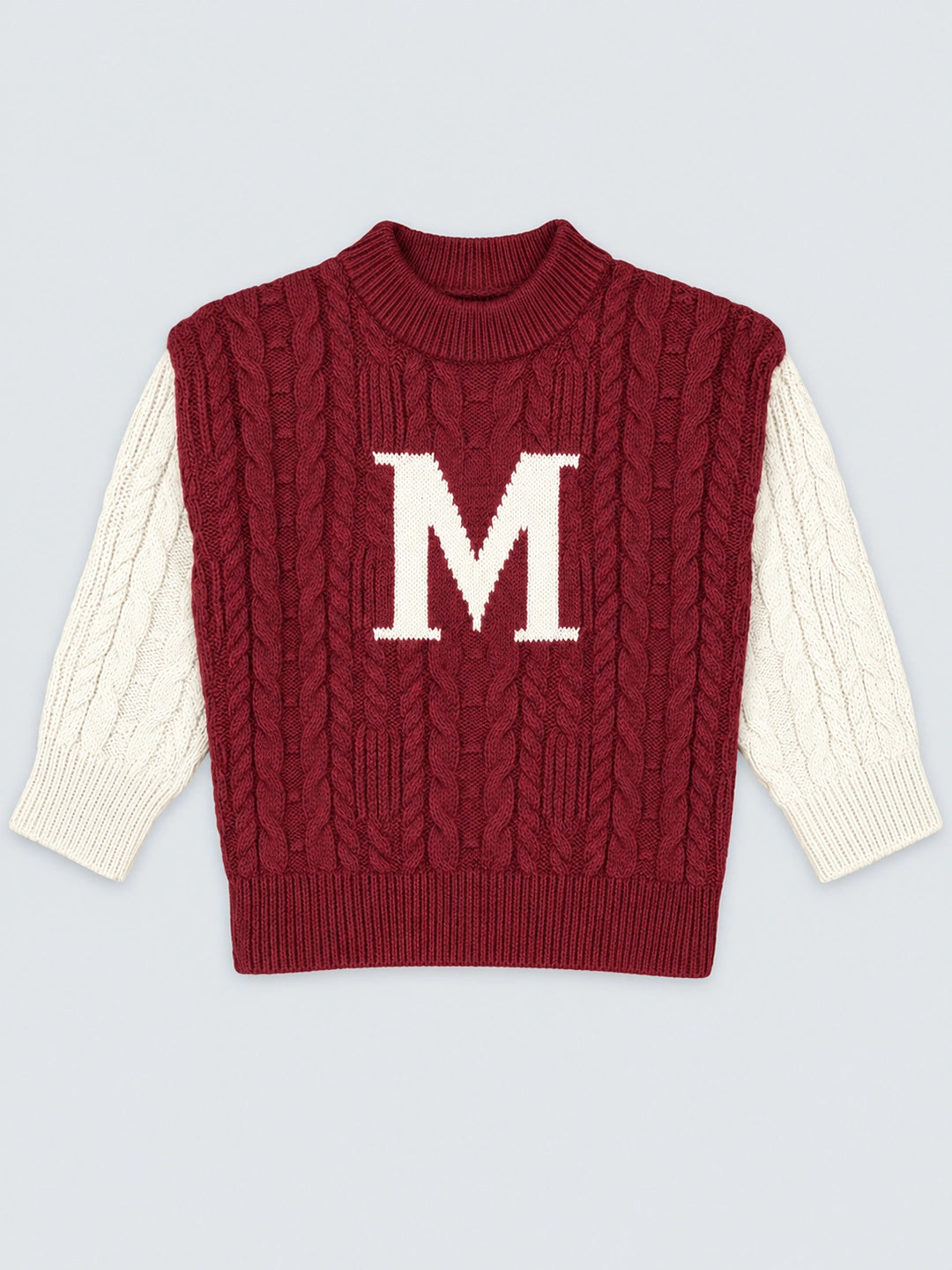 Maroon Letter “M” Cable-Knit Christmas Cardigan Winter Sweater for Kids