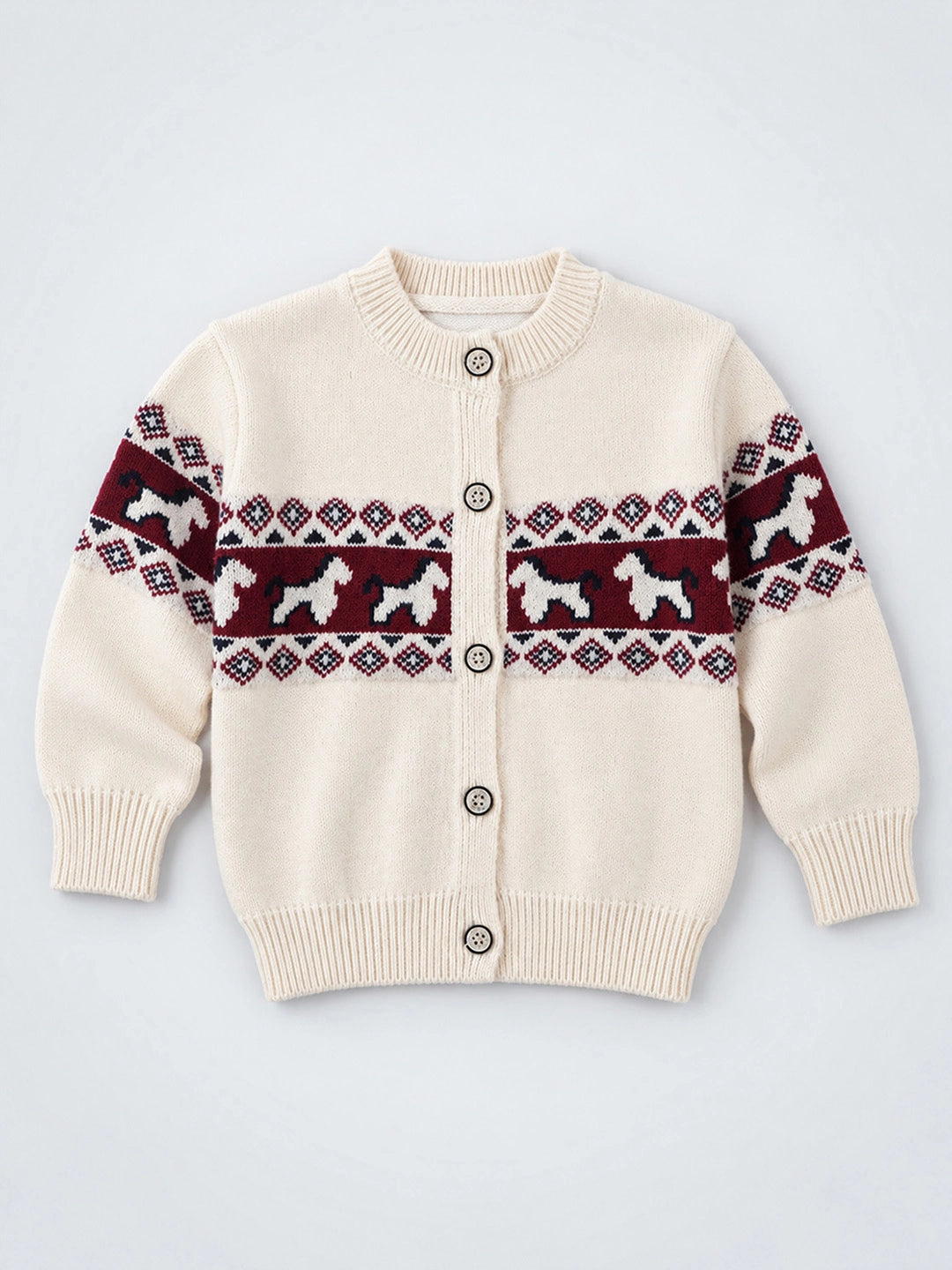 Cream, Maroon & Navy Pattern Knitted Winter Cardigan, Christmas Sweater for Kids