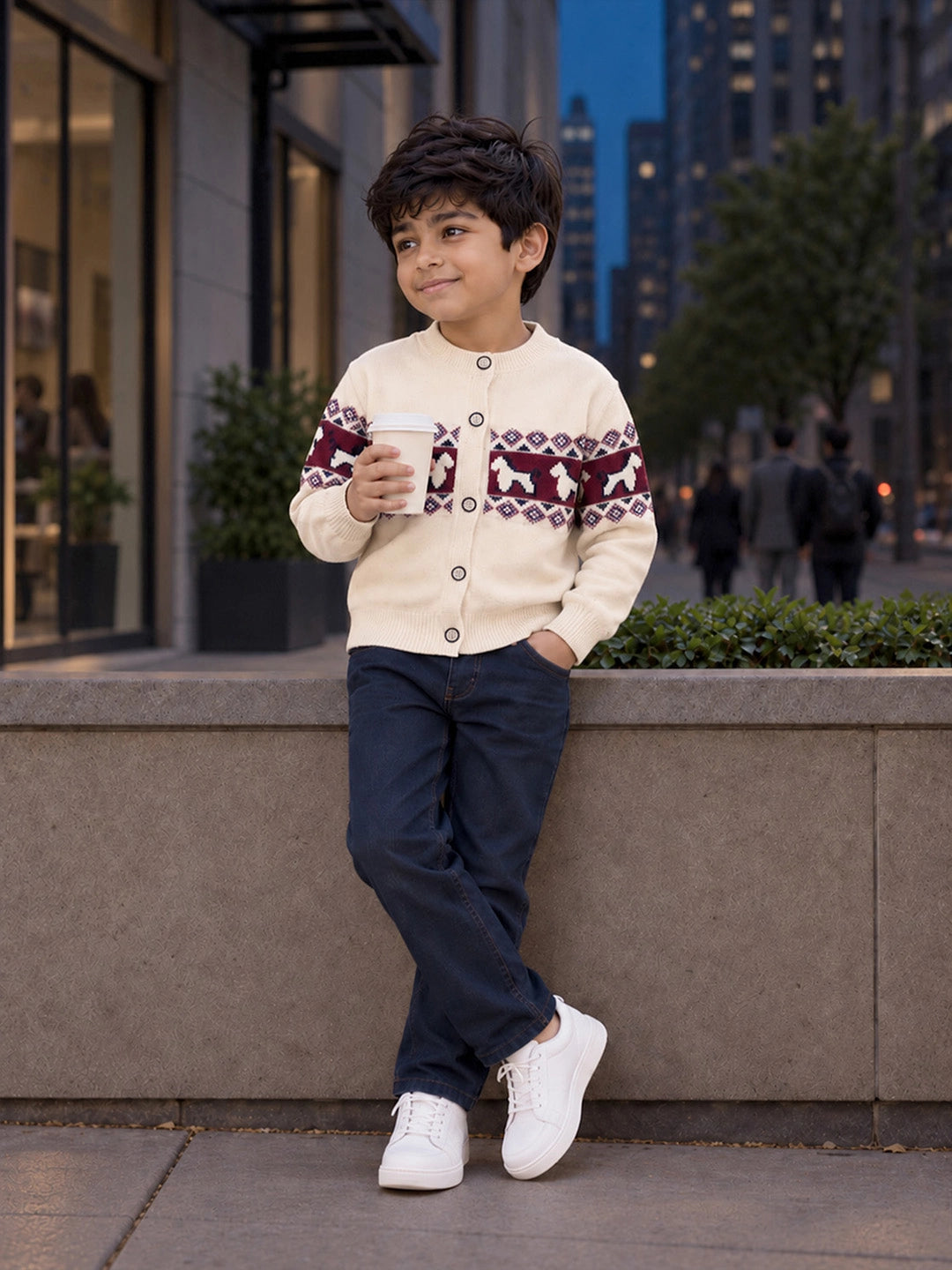 Cream, Maroon & Navy Pattern Knitted Winter Cardigan, Christmas Sweater for Kids