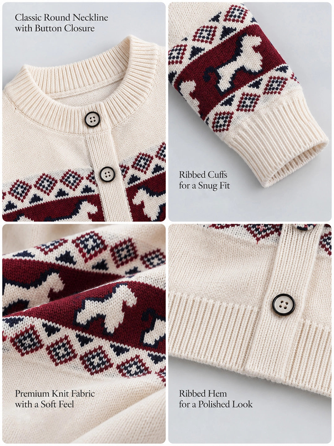 Cream, Maroon & Navy Pattern Knitted Winter Cardigan, Christmas Sweater for Kids