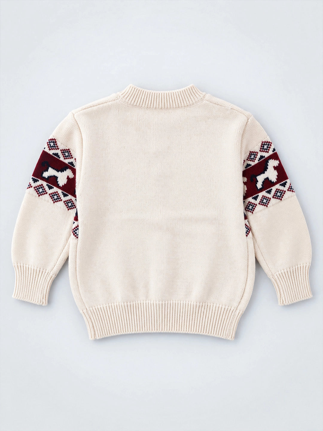 Cream, Maroon & Navy Pattern Knitted Winter Cardigan, Christmas Sweater for Kids