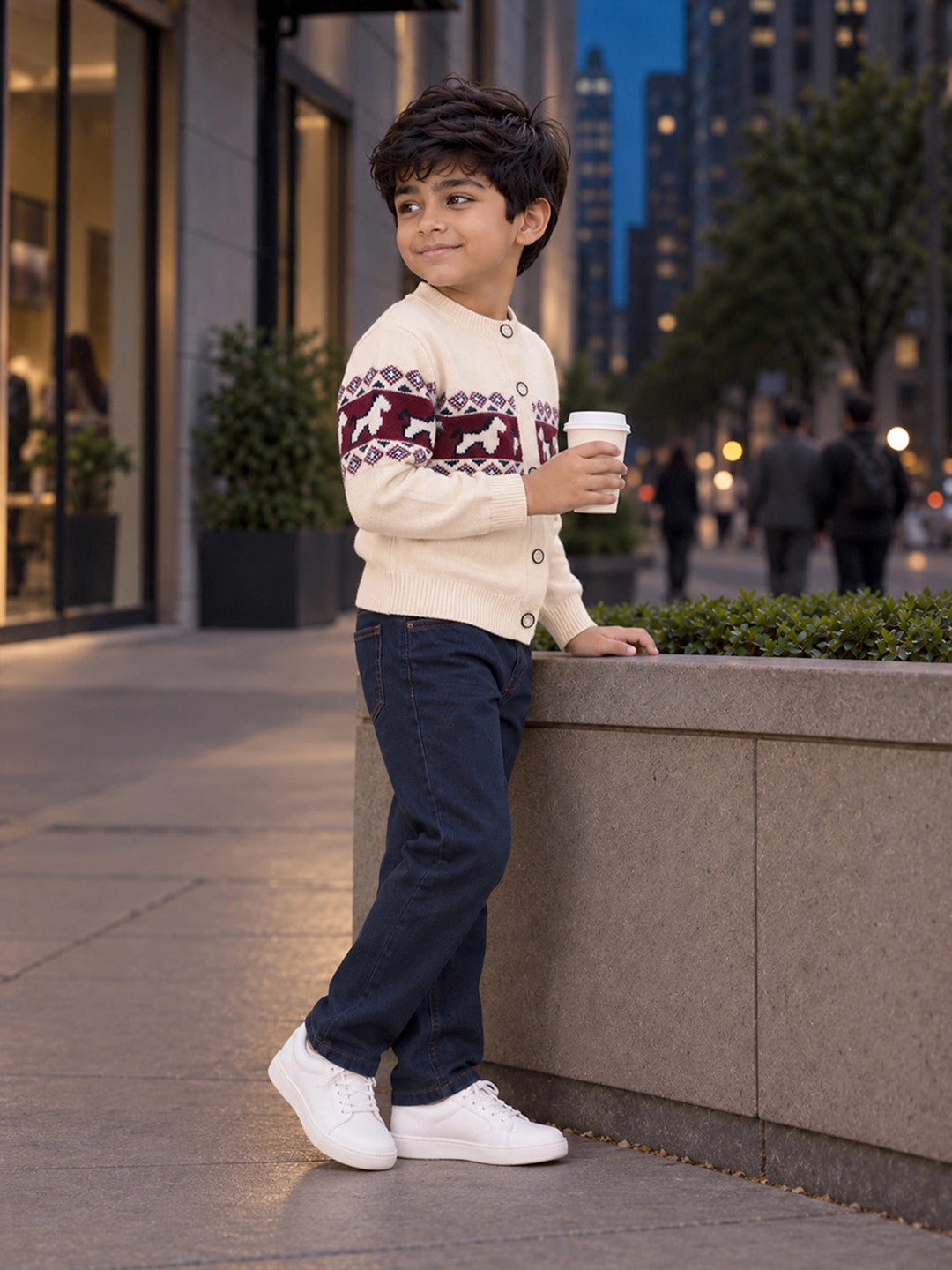 Cream, Maroon & Navy Pattern Knitted Winter Cardigan, Christmas Sweater for Kids