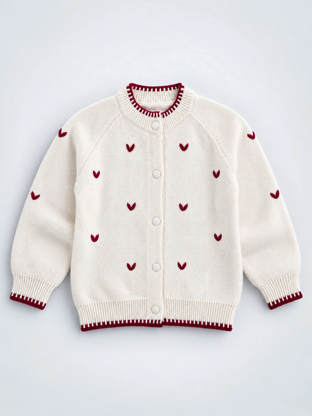 Cream & Maroon Mini Hearts Knitted Winter Cardigan, Christmas Sweater for Kids