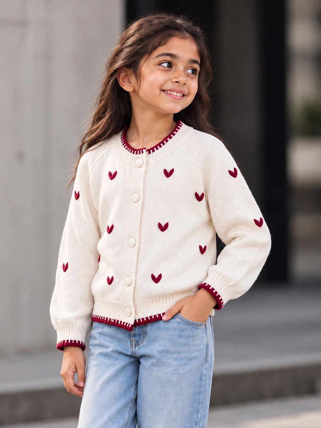 Cream & Maroon Mini Hearts Knitted Winter Cardigan, Christmas Sweater for Kids