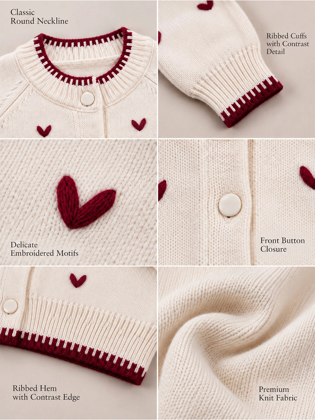 Cream & Maroon Mini Hearts Knitted Winter Cardigan, Christmas Sweater for Kids