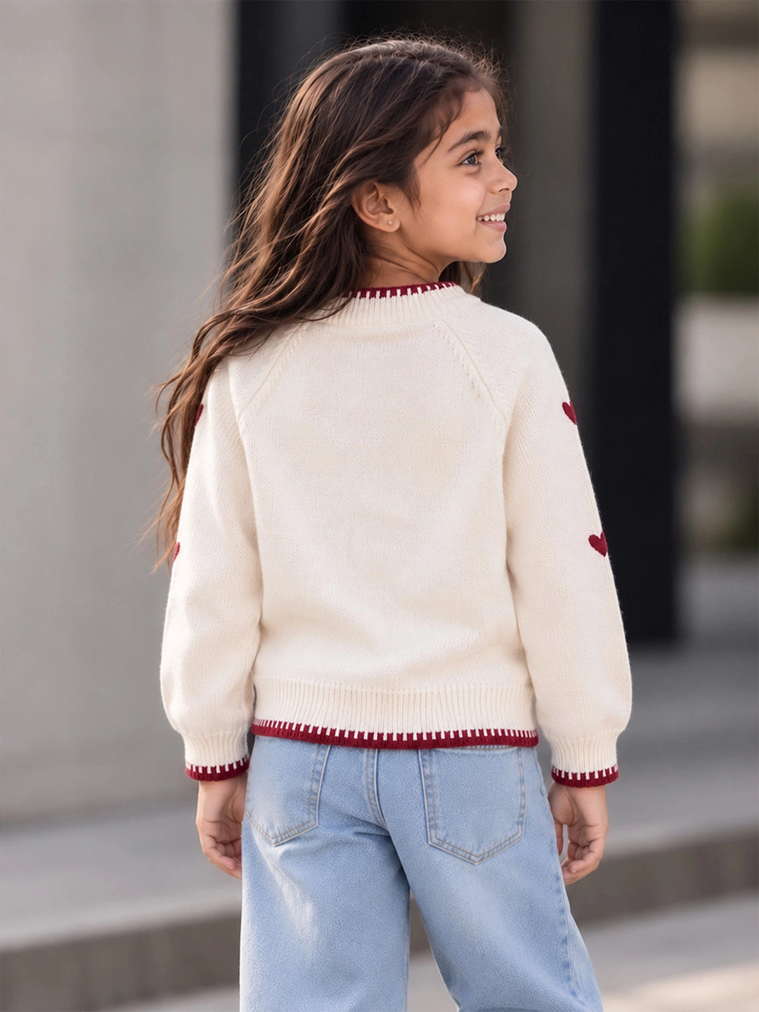 Cream & Maroon Mini Hearts Knitted Winter Cardigan, Christmas Sweater for Kids