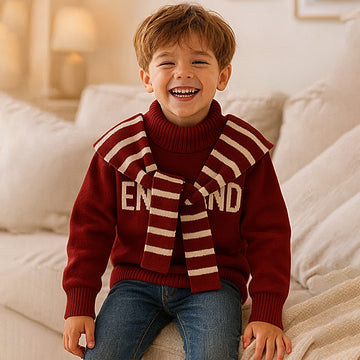 Maroon White Cardigan with Muffler, Christmas Winter Sweater for Kids