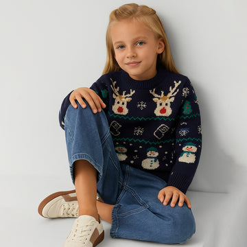 Navy 2 Christmas Deers Knitted Christmas cardigan Sweater for Kids