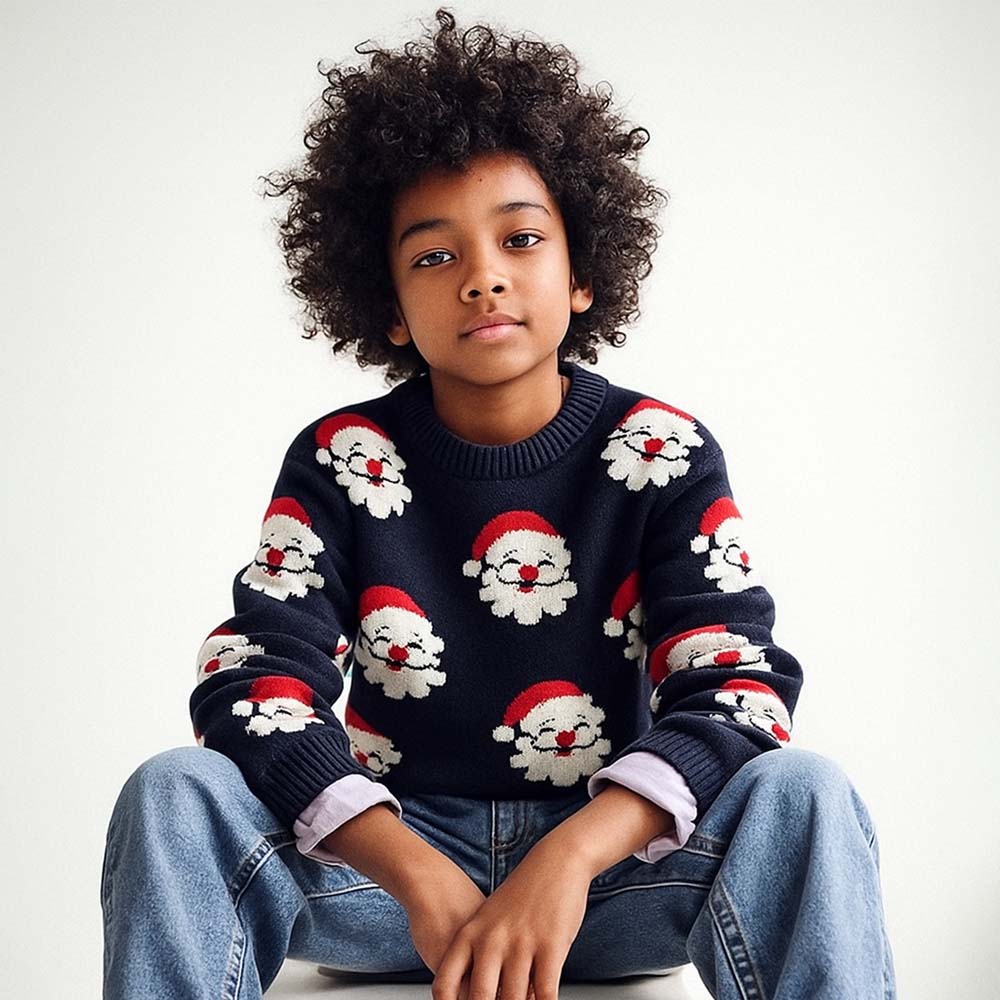Navy Multi Santa Faces Knitted warmer, cardigan Christmas Sweater for Kids