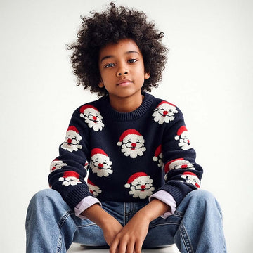 Navy Multi Santa Faces Knitted warmer, cardigan Christmas Sweater for Kids