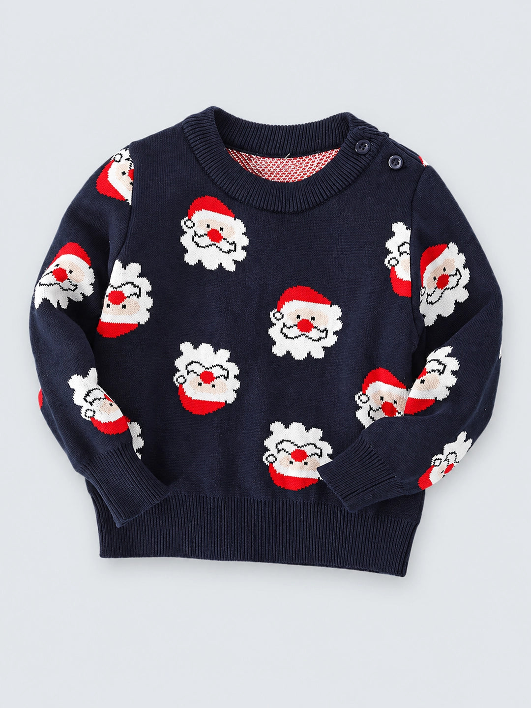 Navy Multi Santa Faces Knitted warmer, cardigan Christmas Sweater for Kids