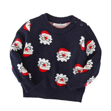 Navy Multi Santa Faces Knitted warmer, cardigan Christmas Sweater for Kids