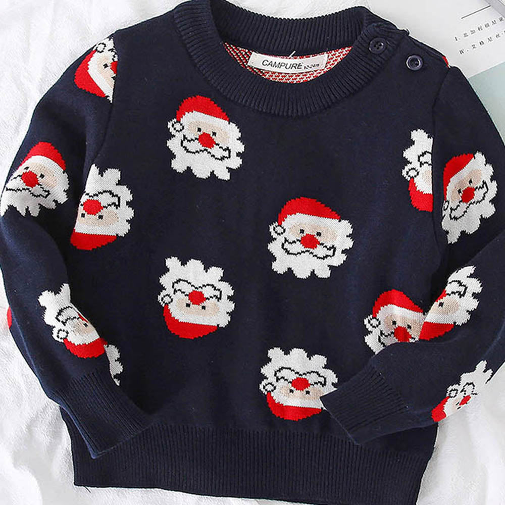 Navy Multi Santa Faces Knitted warmer, cardigan Christmas Sweater for Kids