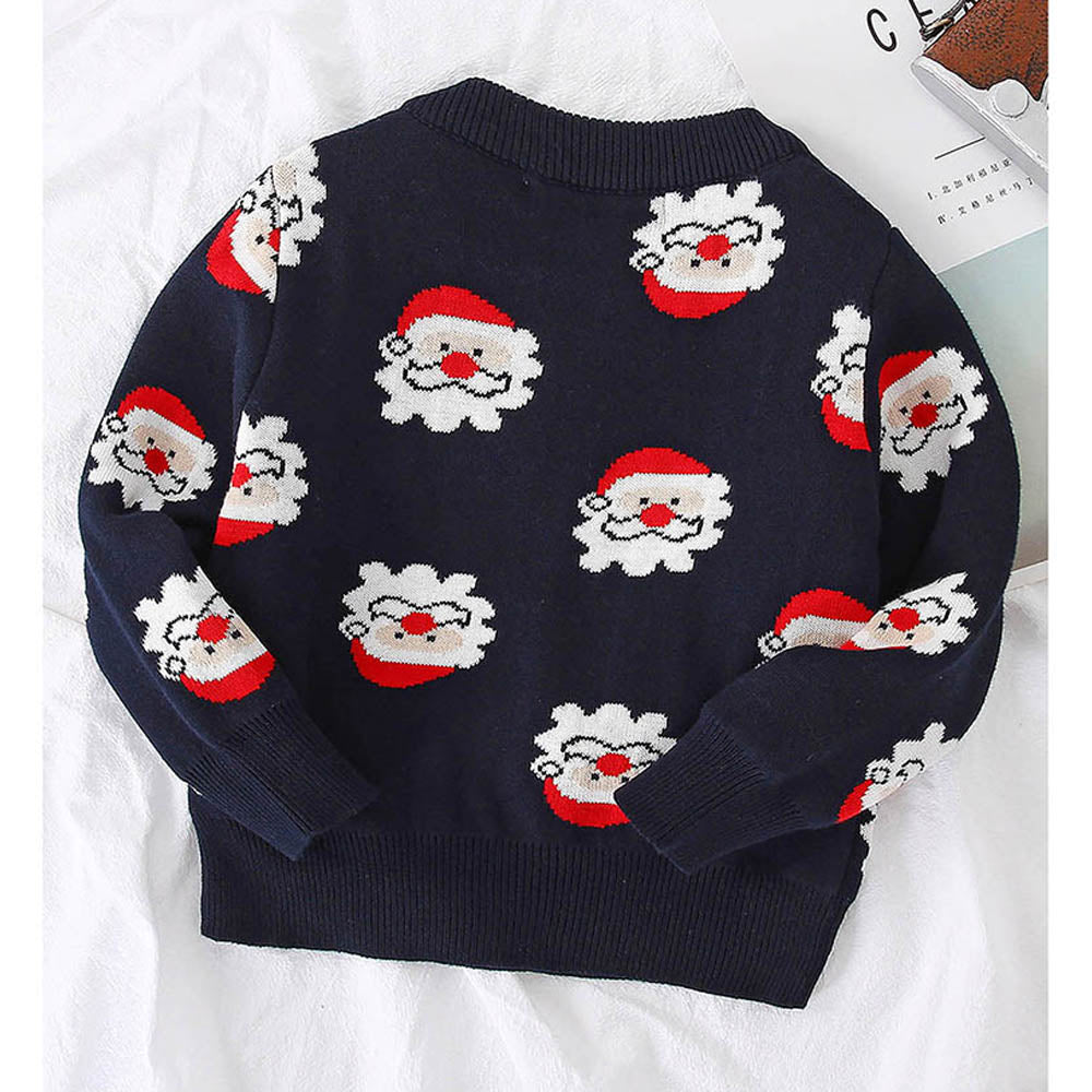 Navy Multi Santa Faces Knitted warmer, cardigan Christmas Sweater for Kids