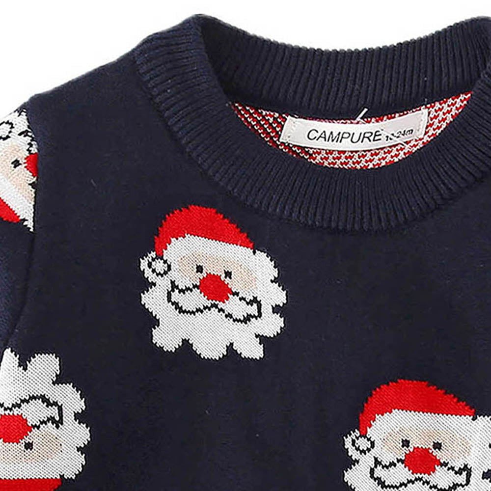 Navy Multi Santa Faces Knitted warmer, cardigan Christmas Sweater for Kids