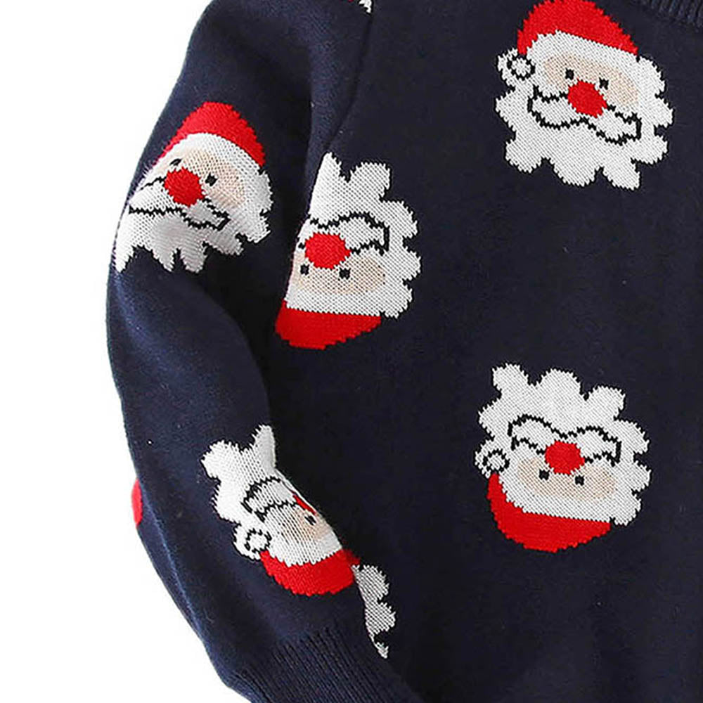 Navy Multi Santa Faces Knitted warmer, cardigan Christmas Sweater for Kids