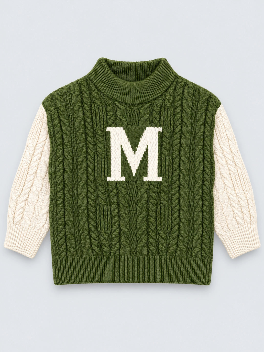 Olive Letter “M” Cable-Knit , Christmas Cardigan Winter Sweater for Kids