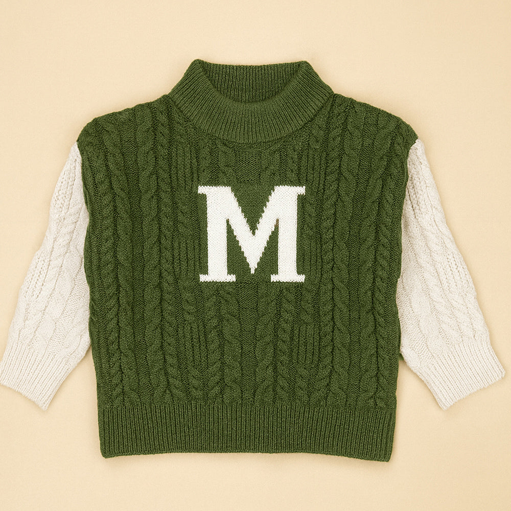 Olive Letter “M” Cable-Knit , Christmas Cardigan Winter Sweater for Kids
