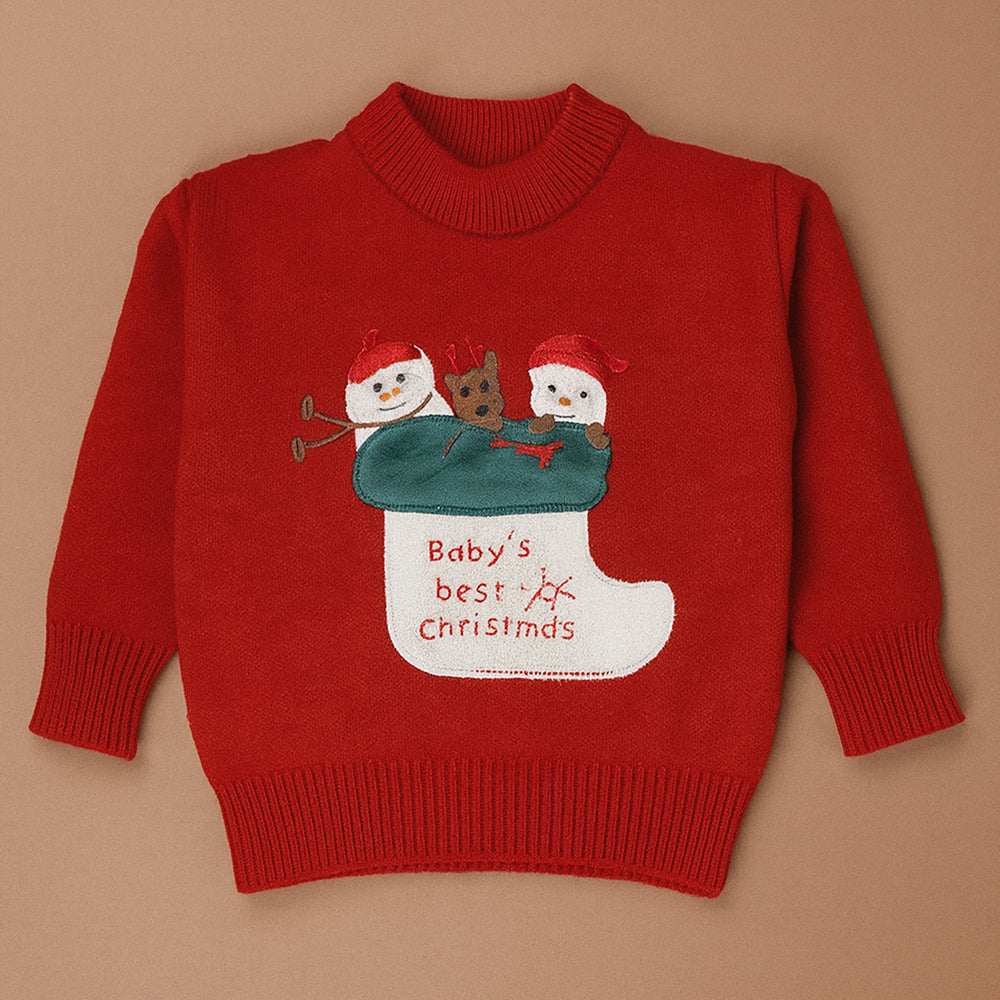 Red Christmas Stocking Snowman Knitted Winter Cardigan Sweater for Kids