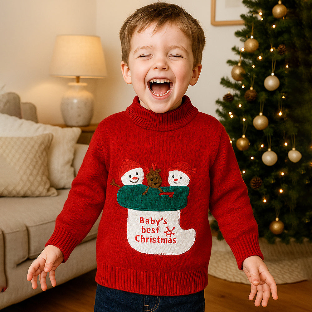Red Christmas Stocking Snowman Knitted Winter Cardigan Sweater for Kids